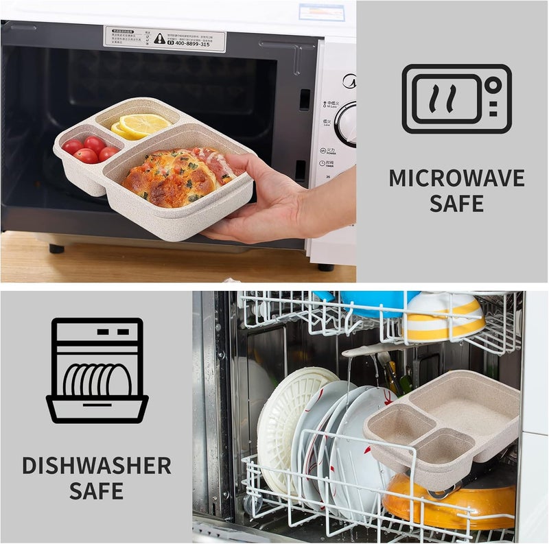 buluker 4 Pack Bento Lunch Box Set 3 Compartment Food Storage Containers Wheat Straw Meal Prep Lunch Box Plastic Food Storage Containers, Microwave and Dishwasher Safe (light colour) - Image 5